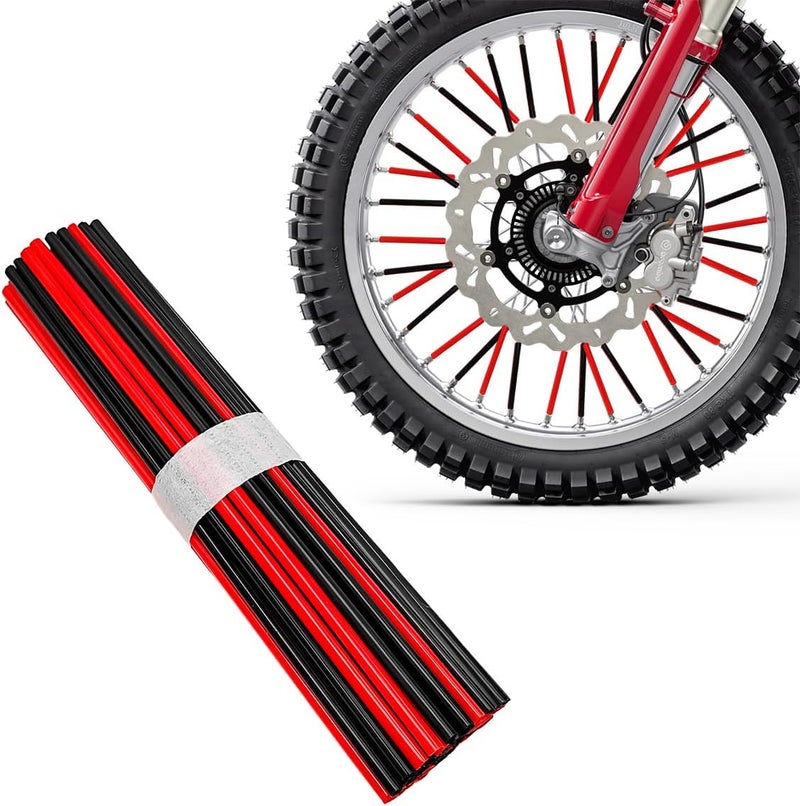 FSTURIOS 72PCS Dirt Bike Spoke Covers, Motorcycle Spoke Skins Wheel Wraps Pipe for 8"-21" Rims, Dustproof Wheelchair Rim Decoration Protector Pipe Trim for Bicycle Dirt Pit Bike (Black+Red) - Image 1